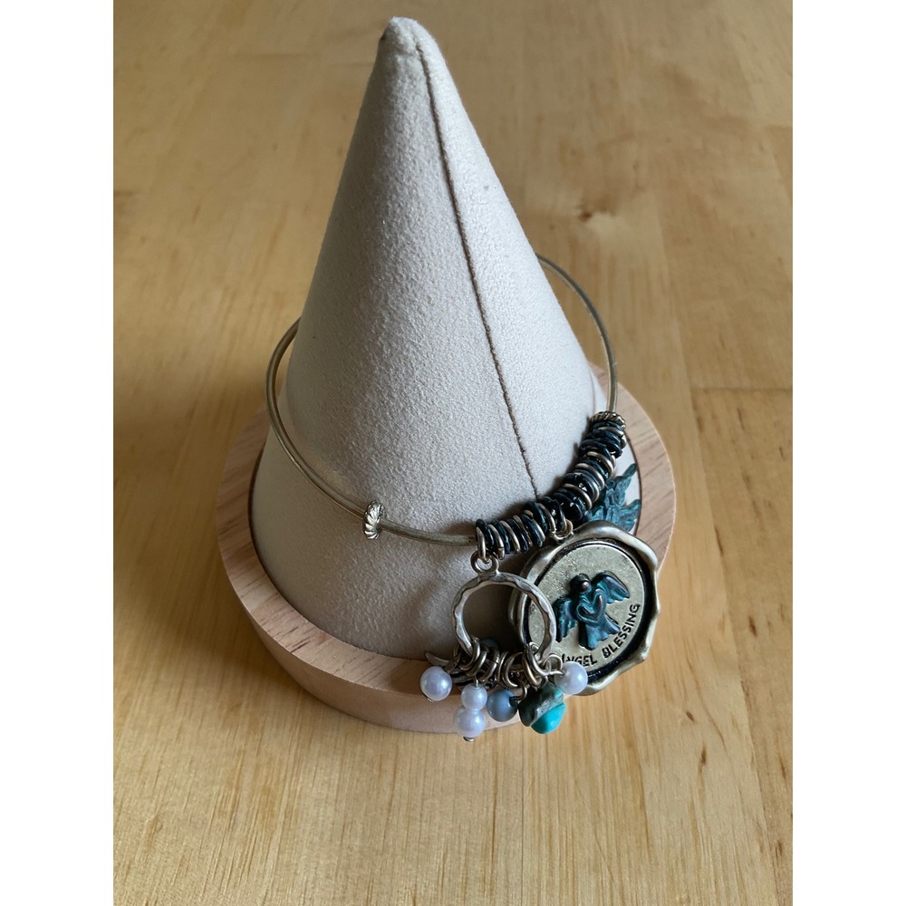 Angel Blessing Silver Tone Expandable Bangle Charm Bracelet Turquoise Blue Beads
